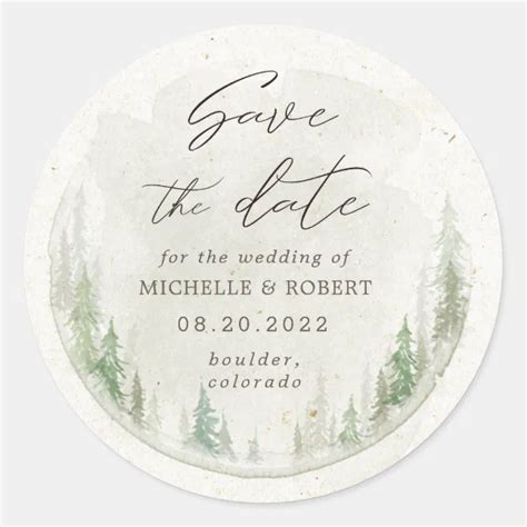 Elegant Rustic Pine Trees Save The Date Classic Round Sticker Zazzle