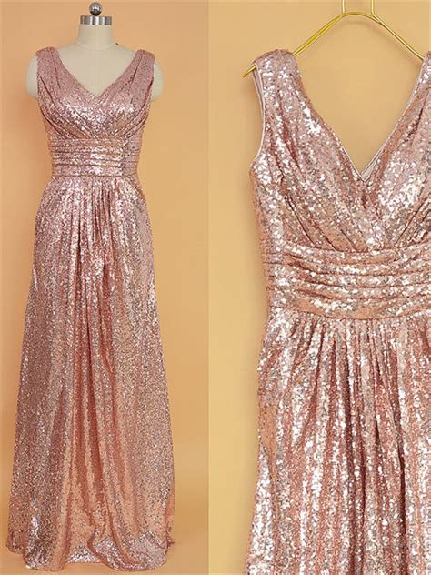 Cheap Rose Gold Sequin Long Bridesmaids Dresses Sexy V Neck Wedding Guest Dress Floor Length