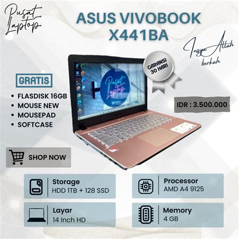 Jual Laptop Asus Vivobook X441ba Amd A4 9125 Ram 8gb Ssd 128gb Hdd 1tb Bergaransi