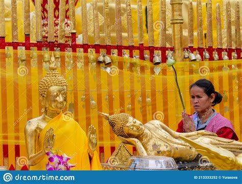 People Pray In Buddhist Temple Golden Pagoda Of Doi Suthep In Thailand