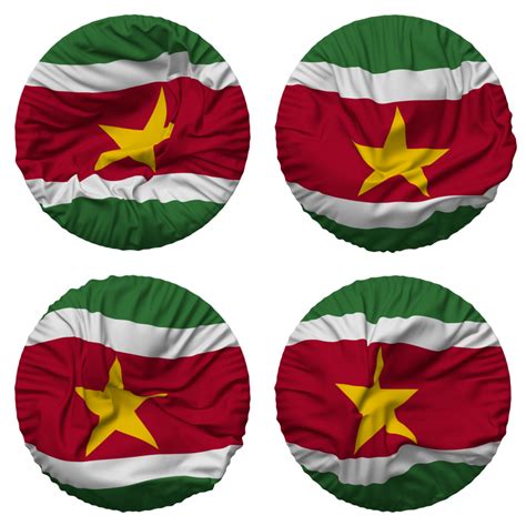 Suriname Flag In Round Shape Isolated With Four Different Waving Style Bump Texture 3d