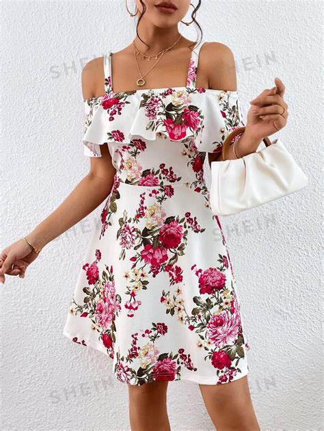 Shein Clasi Floral Print Cold Shoulder Ruffle Trim Spring Dress Shein Eur