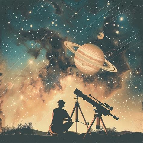 Starry Sky With A Man Looking At A Telescope And Planets Generative Ai Premium Ai Generated Image