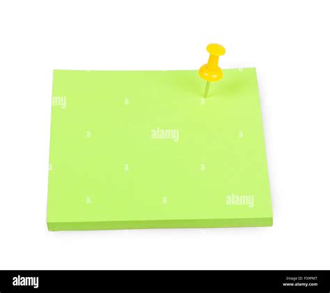 Blank Green Sticky Note With Yellow Push Pin Isolated On White