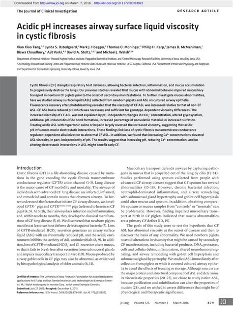 Pdf Acidic Ph Increases Airway Surface Liquid Viscosity In Cmm