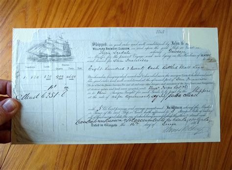 1868 Rare Bill Of Lading Malt Liquor Shipment By Sea From Wellpark