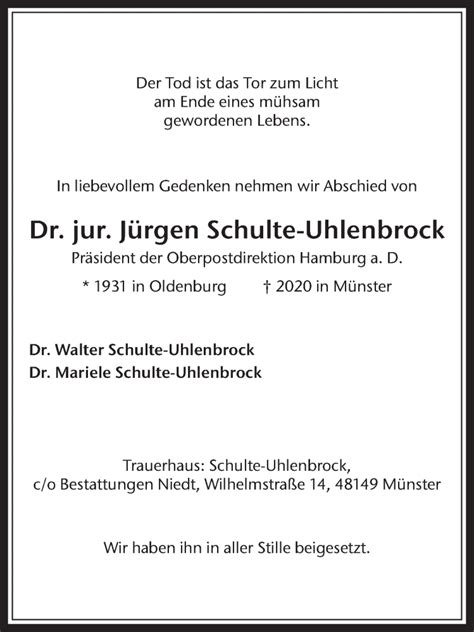 Traueranzeigen von Jürgen Schulte Uhlenbrock sich erinnern de