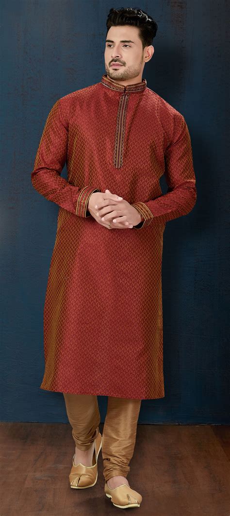 Red And Maroon Color Jacquard Fabric Kurta Pyjamas 1593390