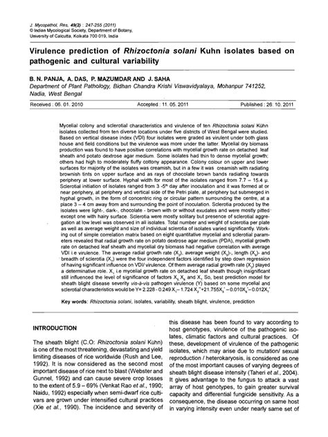 PDF Virulence Prediction Of Rhizoctonia Solani Kuhn Isolates Based On