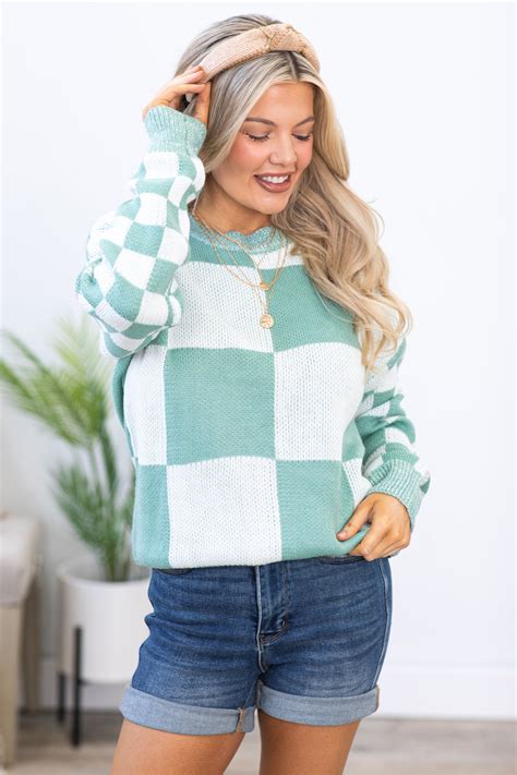 Mint Green And White Checkerboard Sweater · Filly Flair