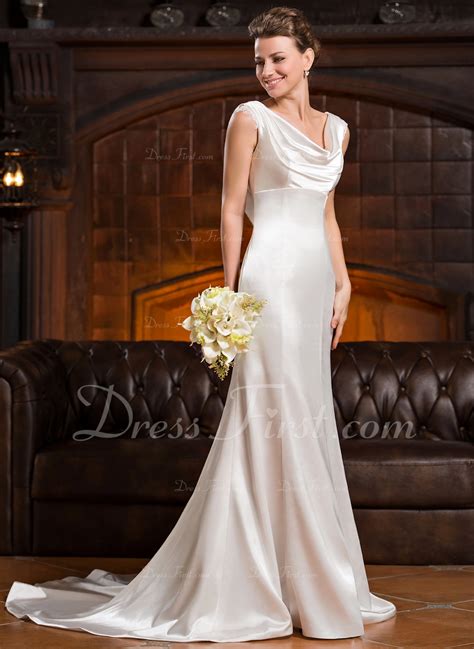 Trumpet Mermaid Cowl Neck Court Train Charmeuse Wedding Dress With