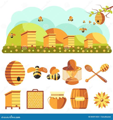 Beekeeping Icons Set Honey Bee Stock Vector Illustration Of Flower