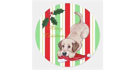 Yellow Labrador Puppy & Santa Hat Christmas Classic Round Sticker | Zazzle