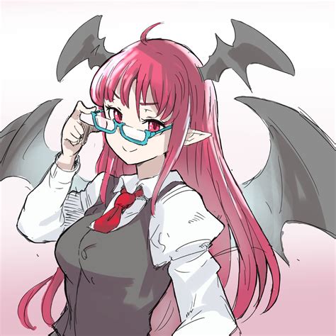 Safebooru 1girl Ahoge Bangs Bat Wings Bespectacled Black Vest Blue