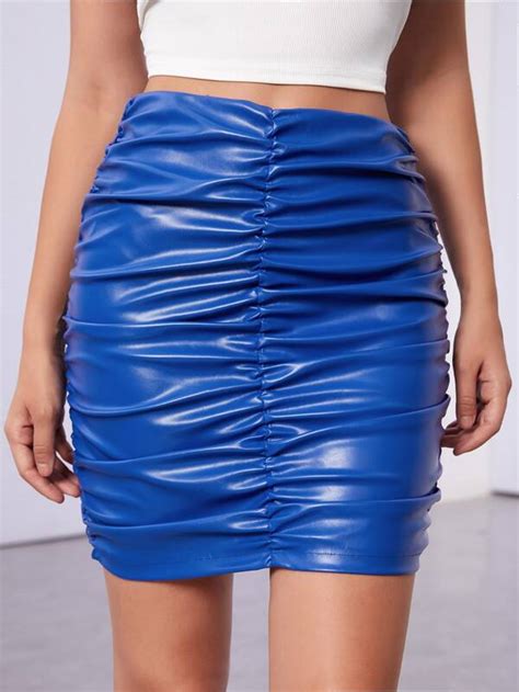 Ruched Pu Leather Bodycon Skirt Shein Usa