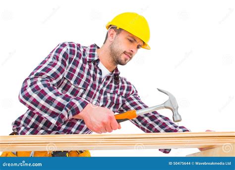 Handyman Using Hammer On Wood Stock Photo Image Of Technician