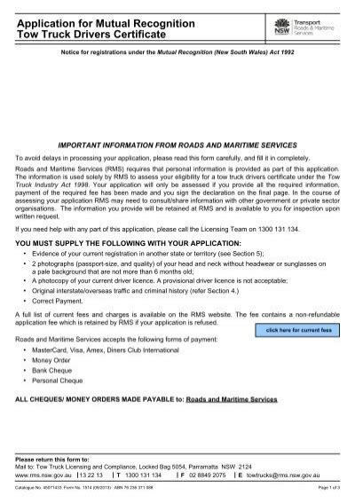 Application For Mutual Recognition Tow Truck Drivers Certificate Rta