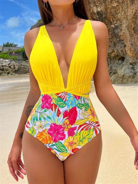 Shein Swim Vcay Tropical Print Plunging Neck Crisscross Backless One