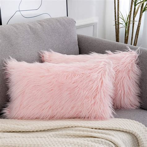 Wlnui Set Of 2 Lumbar Pink Fluffy Pillow Covers New Luxury