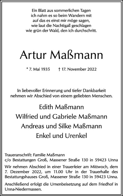 Traueranzeigen von Artur Maßmann sich erinnern de