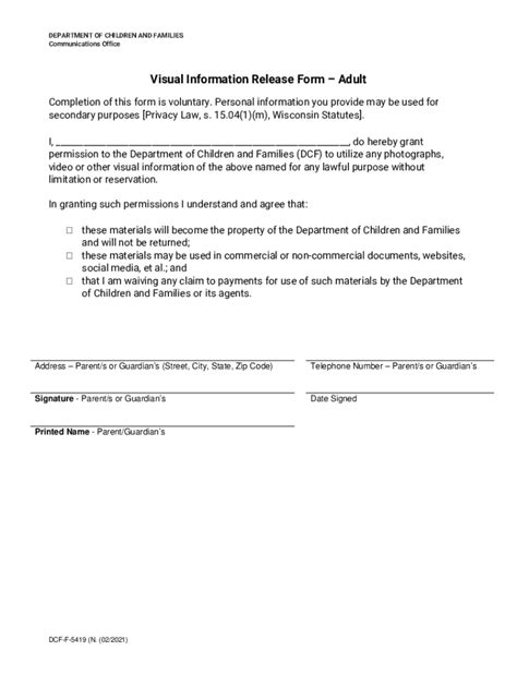 Fillable Online Dcf Wisconsin Visual Information Release Form Adult