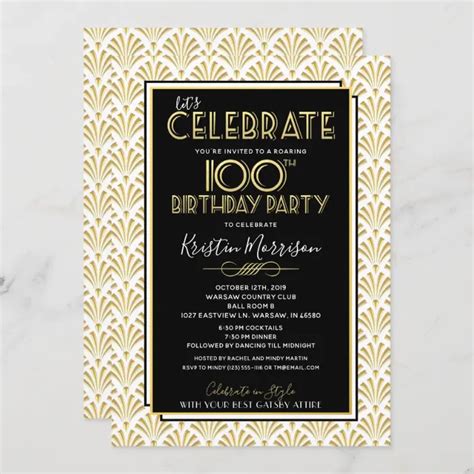 100th Birthday Art Deco Gatsby Roaring 1920s Party Invitation Zazzle