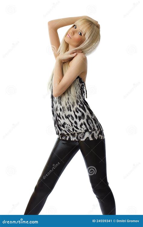 Mooi Blonde Meisje Op Witte Achtergrond Stock Afbeelding Image Of Luipaard Mensen
