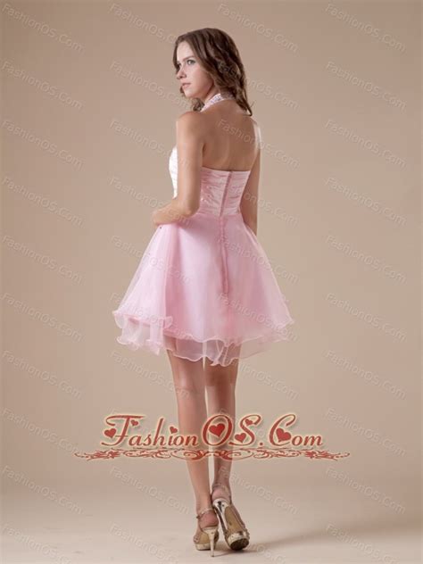 Custom Made Baby Pink Short Prom Dress With Halter Neckline Beaded And