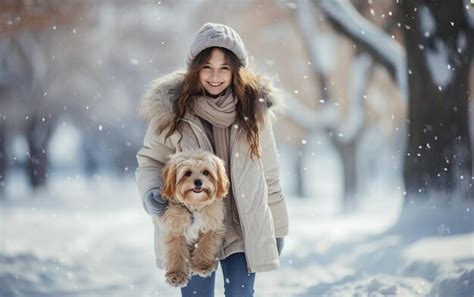 Premium Ai Image Winter Wonderland Stroll With A Furry Friend