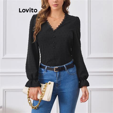 Lovito Blusa Feminina Elegante Gola Simples E Babados LBL12035