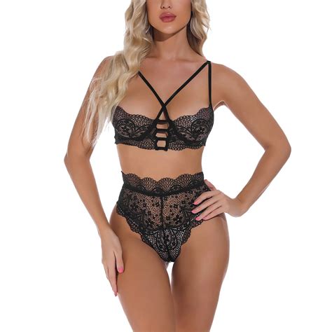 Women Floral Lace Sheer Mesh Garter Lingerie Set V Neck Bra With Thong