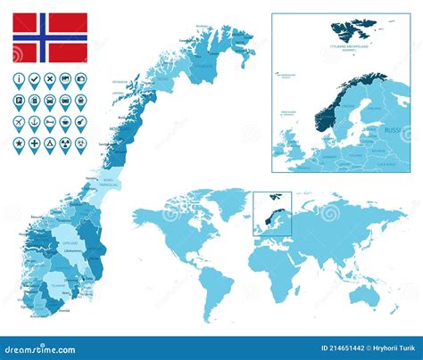 Noorwegen Gedetailleerde Administratieve Blauwe Kaart Met Landvlag En