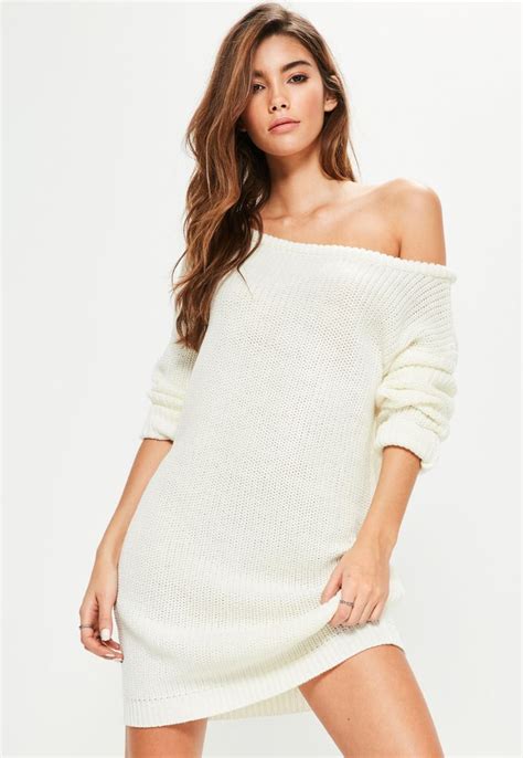 Cream Off Shoulder Knitted Sweater Dress Missguided Sweater Dress