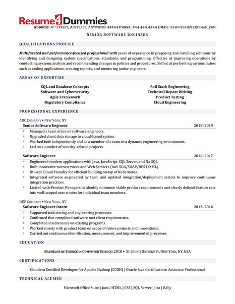 Senior Software Engineer Resume Example Resume Dummies