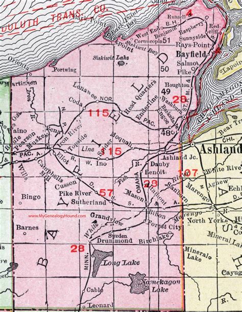 Bayfield County, Wisconsin, map, 1912, Washburn, Bayfield City, Barksdale, Moquah, Cornucopia ...