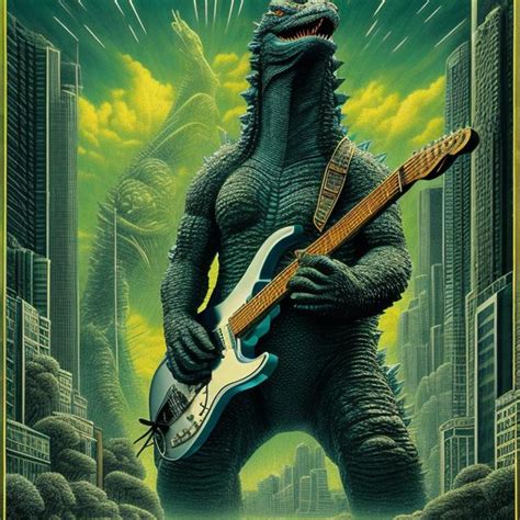 Godzilla Playing Guitar Chrome Statue Inlaid Wi