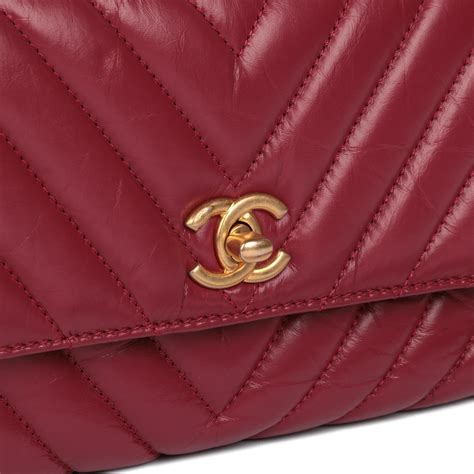 Chanel Red Chevron Aged Calfskin Leather Small Coco Top Handle For Sale