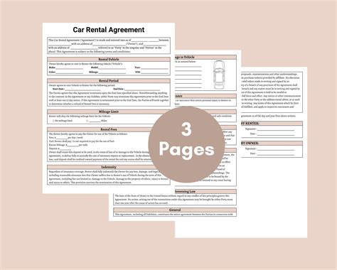 Car Rental Agreement Printable Vehicle Lease Contract Car Etsy