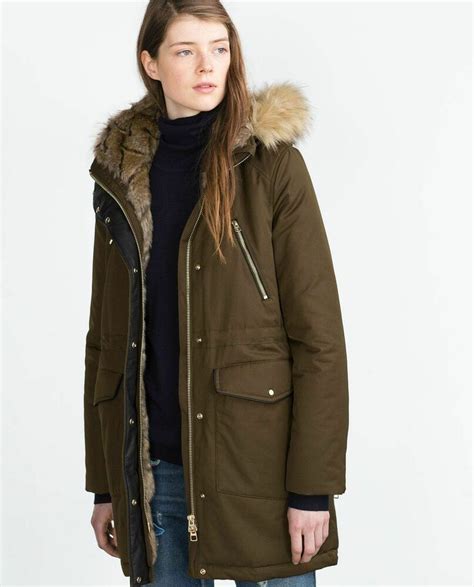 New Zara Womens Olive Green Detachable Fur Hooded Parka Winter Jacket