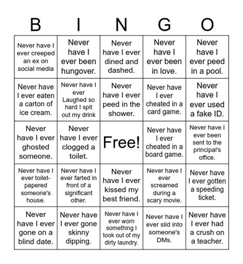 Never Have I Ever Bingo Card