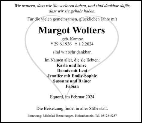 Traueranzeigen Von Margot Wolters Trauer Anzeigen De