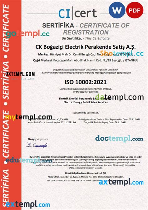 Turkey Cicert Certificate Template In Word And Pdf Format Fully