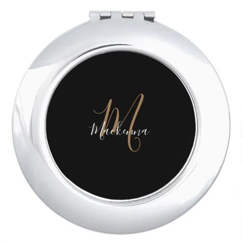 Elegant Modern Black Gold Monogram Script Name Compact Mirror Zazzle