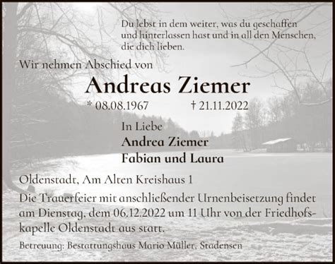 Traueranzeigen Von Andreas Ziemer Az Trauer De