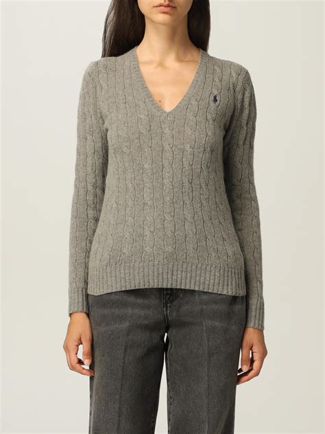 Polo Ralph Lauren V Neck Sweater In Cable Knit Wool Grey Polo