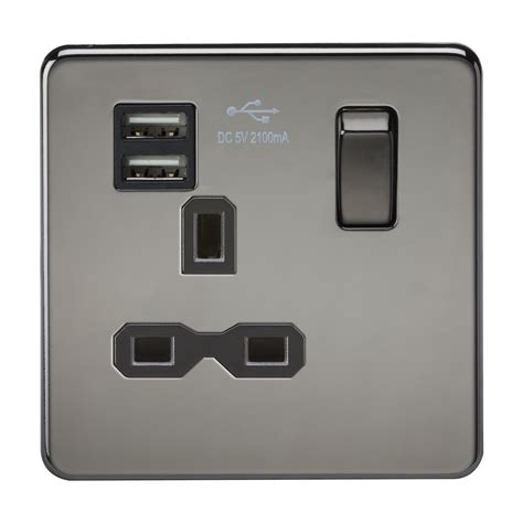 Acrelane Timber 1 Gang Socket Screwless Flat Plate Cw Dual Usb Charger Black Nickel Blkins