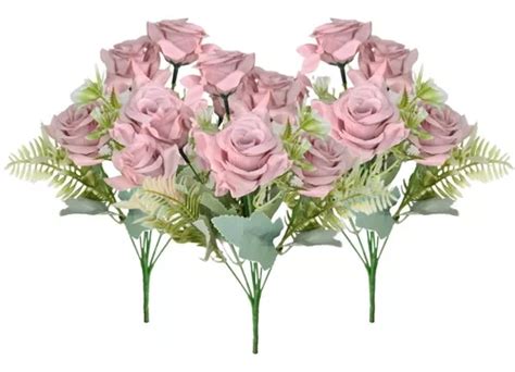 Kit 3 Buquês Flores Artificiais Rosa Decorativa Toque Real