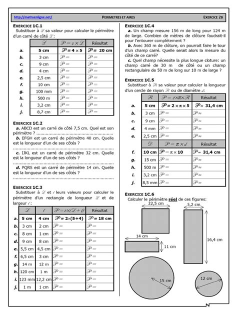 Chap 12 - Exercices 2B - Calcul de Périmètres - CORRIGE | PDF