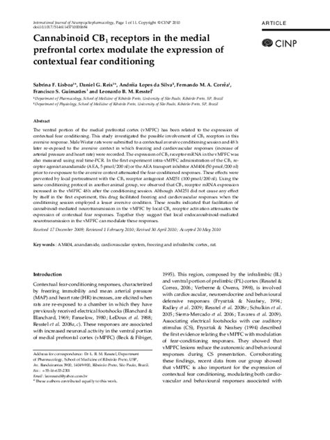 Pdf Cannabinoid Cb1 Receptors In The Medial Prefrontal Cortex Modulate The Expression Of