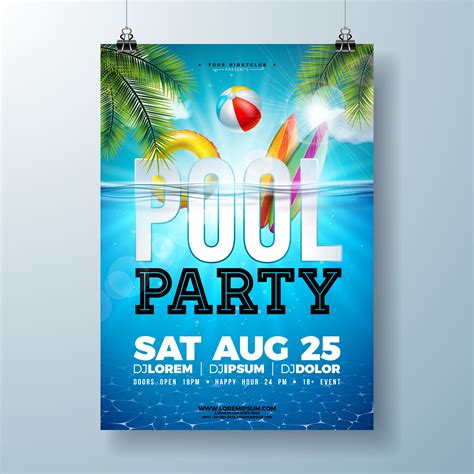 Summer Pool Party Poster Design Template With Palm Leaves Water Beach